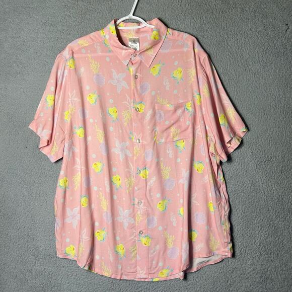 Disney Button Down‎ Mens XL Pink The Little Mermaid Flounder Camp Shirt NEW - Picture 1 of 9